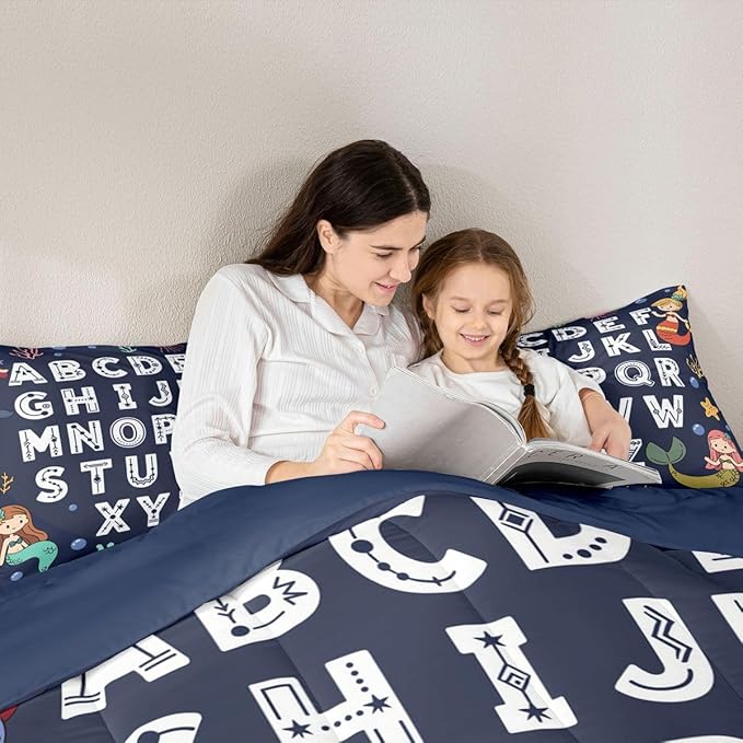 Feelyou Alphabet Kids ABC Learning Bedding Set for Boys Girls, Cute Mermaid Comforter Set Toddler Size Educational Nursery Art Duvet Quilt Microfiber Sealife Bedroom Decor 2 Pcs with 1 Pillow Cases