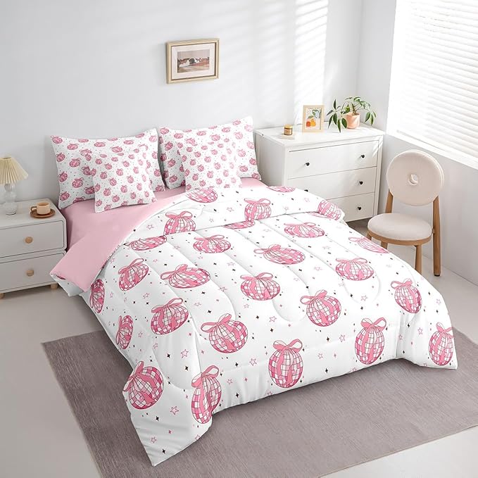 7 Pieces Bow Tie Princess Comforter Set Twin,Western Cowgirl Disco Crystal Ball Dreamy Bedding Set,Star Bowknot Patchwork Romantic Pink（Comforter+Fitted+Flat Sheet+2 Pillowcases+2 Throw Pillow Covers）