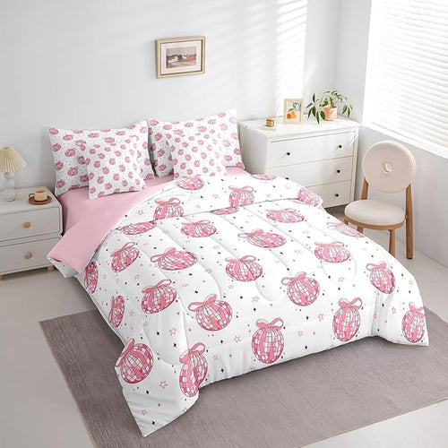 7 Pieces Bow Tie Princess Comforter Set King,Western Cowgirl Disco Crystal Ball Dreamy Bedding Set,Star Bowknot Patchwork Romantic Pink（Comforter+Fitted+Flat Sheet+2 Pillowcases+2 Throw Pillow Covers）