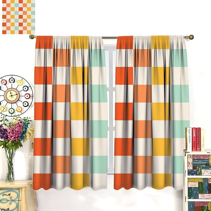 70s Retro Curtains,Cute Green Pink Yellow Checkered Hippie Window Treatments for Kids Girl Bedroom Window 63"" W X 72"" L, Style-7