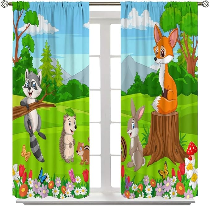 Safari Animal Curtains for Kids Cartoon Woodland Wildlife Jungle Animals Window Treatments for Boys Girls Bedroom Cute Fox Forest Nursery Children Drapes for Living Room W72xL63