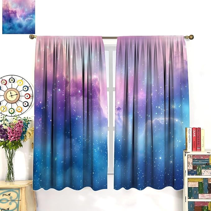 Starry Sky Galaxy Curtains, Outer Space Glitter Dreamy Gradient Romantic Blackout Window Curtains Drapes for Kids Girls Boys Adults Bedroom Nursery 42" W X 63" L