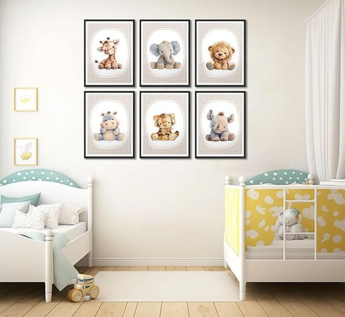 6pcs Nursery Animal Canvas Wall Art Safari Elephant Giraffe Posters Prints Kids Boy Wall Decor Pictures for Baby Boy Girl Toddler Kids Room Decorate Unframed