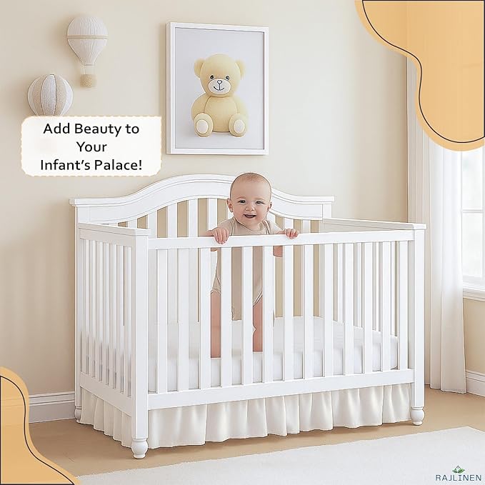 Rajlinen Ruffled Crib Bed Skirt, Microfiber, Dust Ruffle with Split Corners, 14" Drop, Nursery Toddler Bedding for Baby Boys or Girls, Ivory