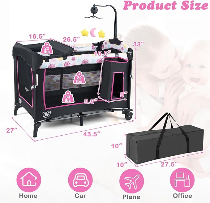 BABY JOY 4 in 1 Pink Pack and Play, Baby Bedside Sleeper with Bassinet, 3 Adjustable Heights, Music Box, Easy to Install, Foldable Bedside Crib w/Changing Table, Playards from Newborn to Toddlers Rose