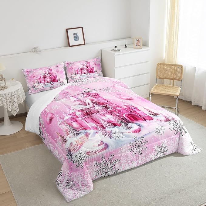 Pink Castle Comforter Set King Size,Cartoon Fairy Tale Theme Watercolor Bedding Set All Season Quilt Set,Christmas Winter Silver Snowflakes Microfiber Polyester Down Comforter
