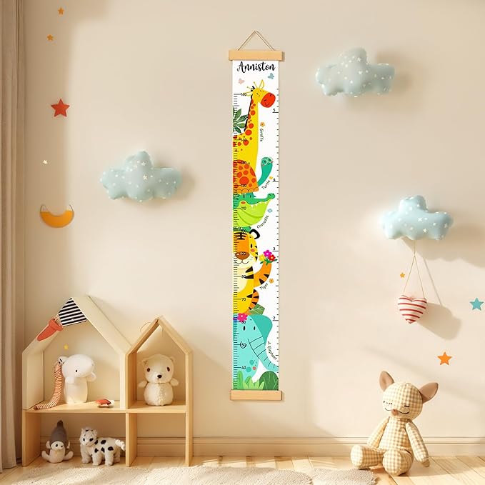 Personalized Name Height Chart for Kids, Kids Growth Chart for Wall, 59" X 7.9" Canvas Removable Height Chart Measuring Ruler for Kids & Baby(Paint Forest Animals）