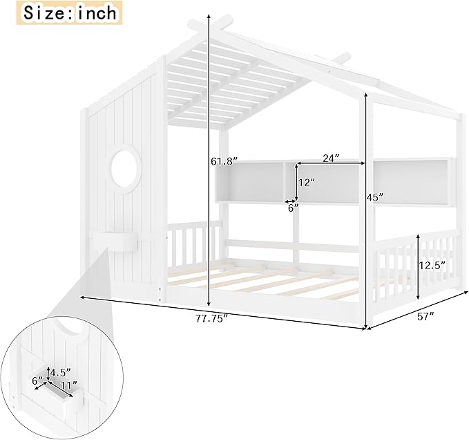 Full Size Floor House Bed with Roof and Window for Kids, Wooden Playhouse Bed with Storage Shelves for Bedroom Furniture Girls & Boys (White/L1, Full)
