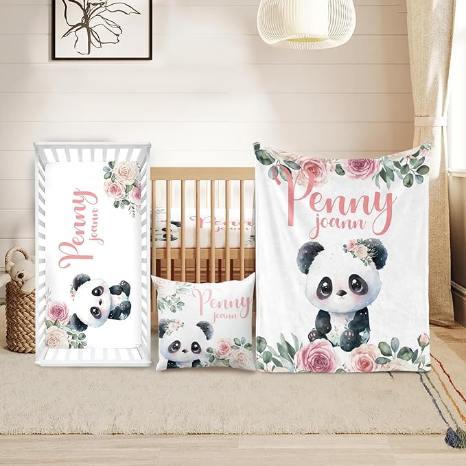 Custom Crib Bedding Set - Panda Design Personalized Name Baby Nursery Bedding 3 Pcs Set - Chic Soft Blanket, Sheet, Pillowcase for Newborns Boys Girls Gifts Color14