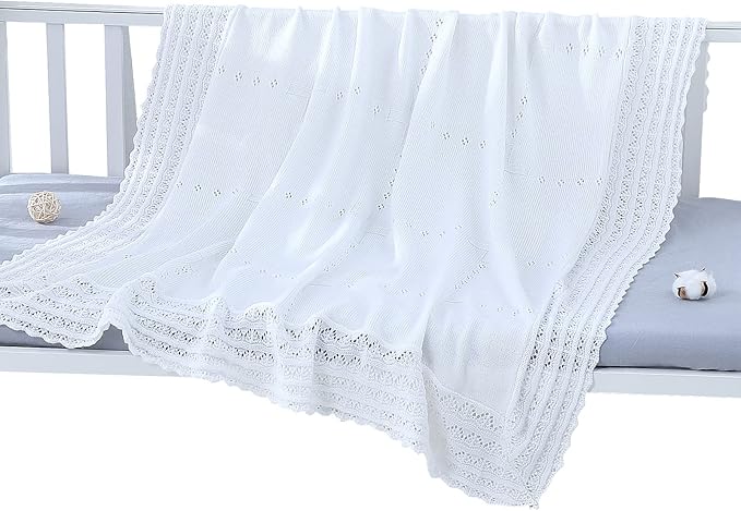 Booulfi Baby Blanket White Receiving Blanket Baptism Christening Towel for Newborn Girls Boys, White Cotton Knit Thermal Baby Blanket Shawl with Cross Pattern, 47”x47”