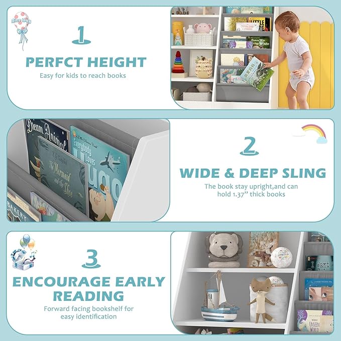 NACHES Montessori Kids Bookshelf Fabric Sling Pockets & Open Shelves – Front Facing Toddler Book Display and Toy Storage Organizer for Nursery Playroom or Bedroom 35" Wide (White, Middle)