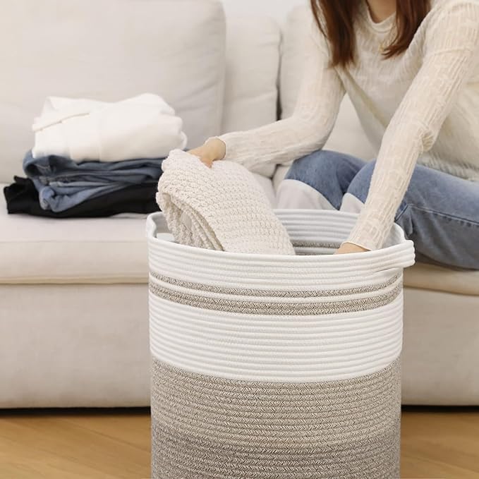 laundry hamper 18x18x20, 80L – large basket for blankets,toy basket Cotton Rope Blanket Basket Living Room, Baby Laundry hamper for Blanket, Nursery, –stuffed animal storage(Pink Rainbow)
