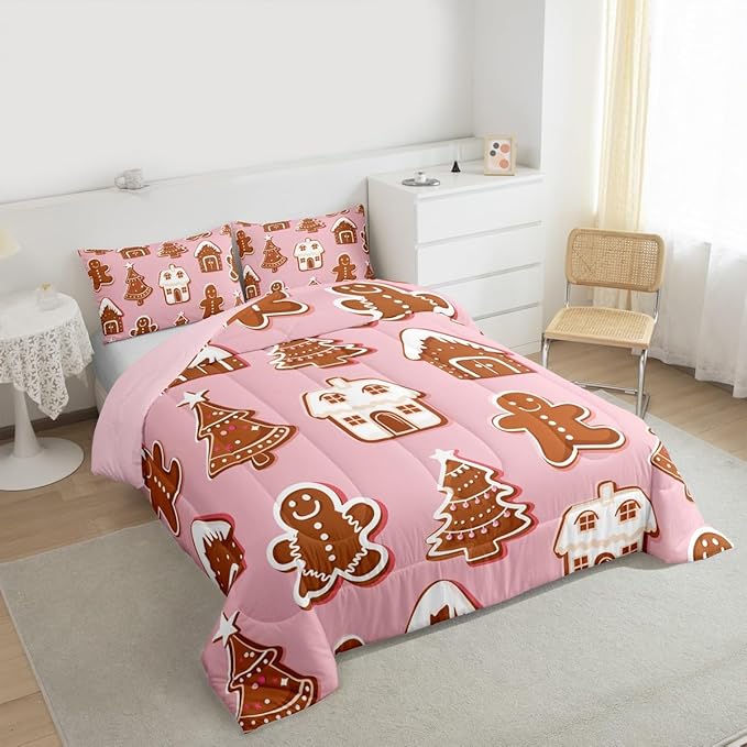 Feelyou Christmas Comforter Set Queen Size Gingerbread Man Bedding Set for Kids Boys Girls Snowflake Duvet Quilt Xmas Tree Bedroom Decor Microfiber 3 Pcs with 2 Pillow Cases