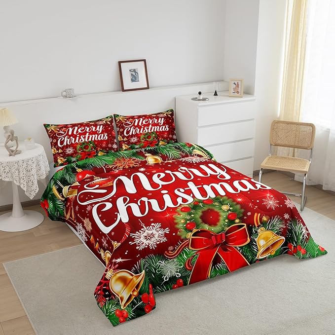 Christmas Wreath Bedding Set Full Size,Red Bowkont Gold Bell Comforter Set for Kids Boys Girls Room Decor,Snowflake Merry Christmas Duvet Insert 3Pcs,Green Leaves Xmas Theme Quilt Set,2 Pillowcases