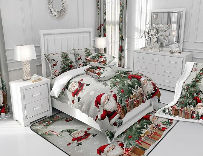 Merry Christmas Comforter Set Queen Size,Christmas Tree Snowflake Bedding Set for Kids Boys Girls Room Decor,Santa Claus X'mas Theme Duvet Insert 3Pcs,Star Polka Dot Glitter Quilt Set,2 Pillowcases