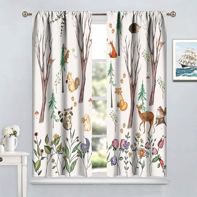 Forest Animal Kids Curtains, Watercolor Cartoon Window Treatments, Cute Animal Floral Girl Toddler Home Bedroom Living Room Drapes 63x72in