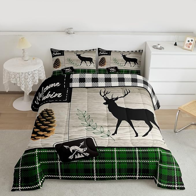 Deer Silhouette Kids Comforter Set Full Size,Old Plank Leaves Bedding,Girls Boys Adults Bedroom/Xmas Cabin Decor,Geometric Grid Plaid Retro Down Comforter,Rustic Farmhouse Duvet Insert,2 Pillowcases