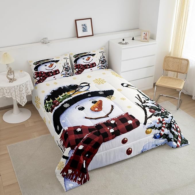 Feelyou Kids Christmas Theme Decorations Bedding Set Xmas Snowman Comforter Set for Boys Girls Snowflake Kawaii Cute Beige Golden Bedroom Collection Queen Size