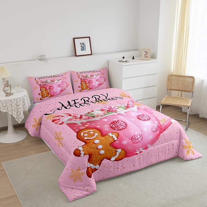 Erosebridal Merry Kids Full Comforter Sets Christmas Decor Bedding Sets Pink Xmas Snowflake Down Comforter Dessert Gingerbread Man Bed Set for Boys Girls Teens