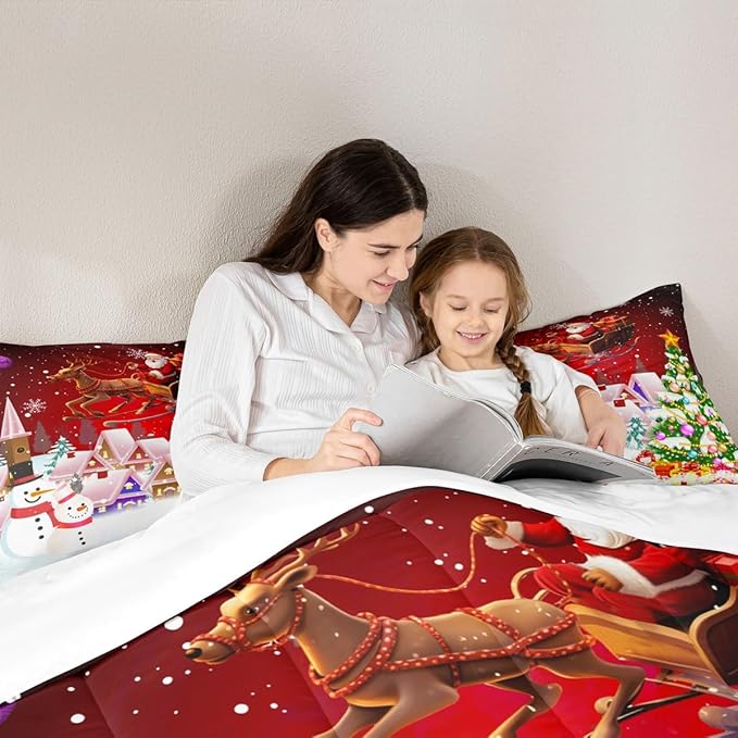 Manfei Christmas Comforter Set Queen Size, Snowman Xmas Tree Bedding Set 3pcs for Kids Boys Girls Room Decor, Santa Claus with Reindeer Quilt Set New Year Theme Duvet Set with 2 Pillowcases