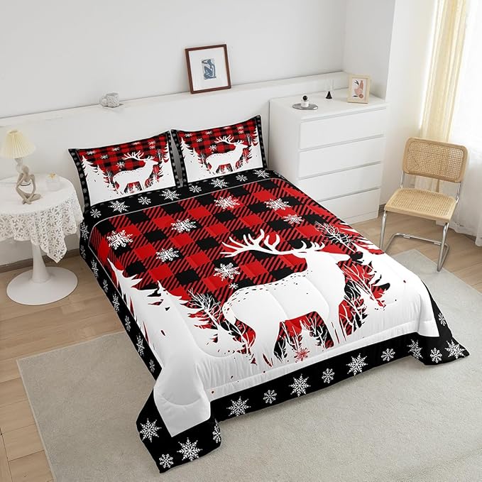 Manfei Christmas Comforter Set King Size, Xmas Deer Tree Snowflake Print Bedding Set 3pcs for Kids Boys Girls Bedroom Decor, Black Red Plaid Print Quilt Set with 2 Pillowcases