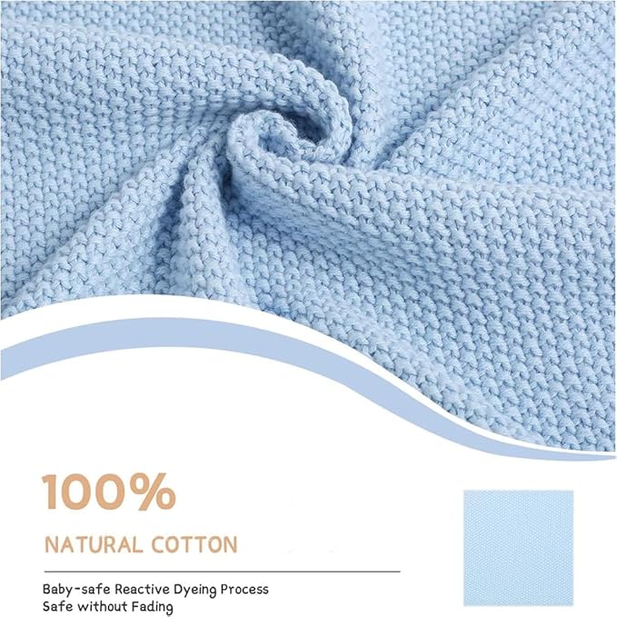 Baby Knit Blanket Soft Breathable Cotton Scallop Border Blankets Newborn Knitted Blanket Swaddle Blankets Gifts for Baby Newborn Toddler Shower Boy Girl New Mom Birthday Christmas Blue 28x36