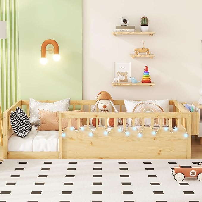 Twin Size Montessori Bed, Wood Twin Montessori Floor Bed with High Rails & Storage Shelf, Baby Floor Beds with LED Light for Boys & Girls, Natural