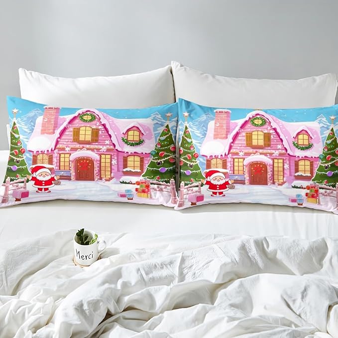 Feelyou Merry Christmas Pink Comforter Cover Set Cartton Cute Santa Claus Bedding Set Full Size for Kids Boys Girls Bedroom Bed Decor Xmas Duvet Cover Set Soft Quilt Cover,No Comforter