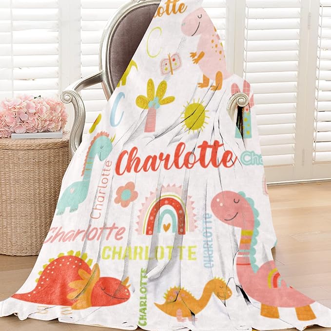 Personalized Dinosaur Blanket with Name for Girl, Custom Name Blanket for Teen, Soft Flannel Pink Dinosaur Toddler Blanket Customized Gift for Birthday 50"x60"