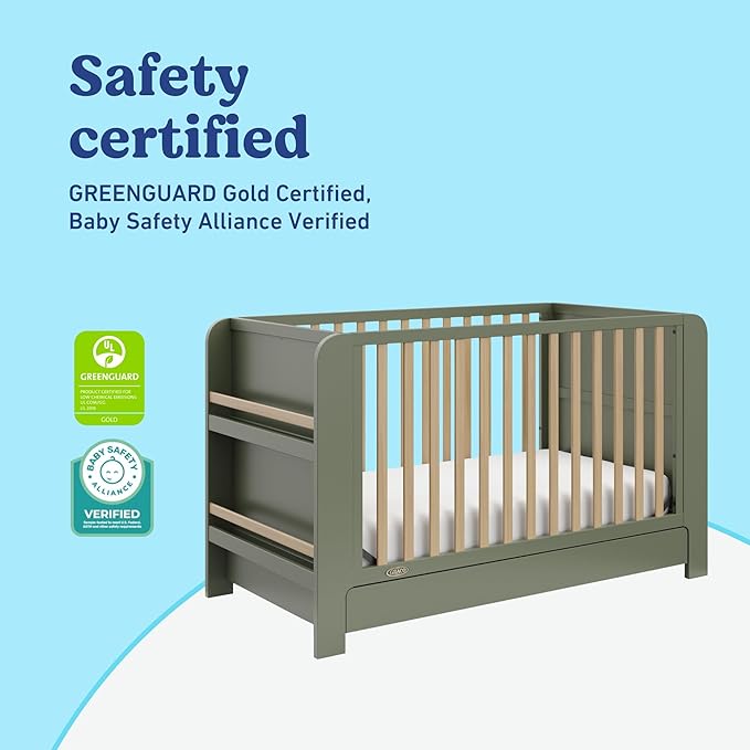 Graco Read-with-Me 4-in-1 Convertible Crib with Drawer (Olive with Driftwood) - GREENGUARD Gold Certified Converts to Toddler Bed, Daybed, and Functional Bookshelves