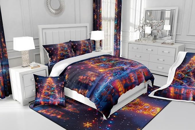 3D Christmas Tree Comforter Set Twin Size,Snowflake Glitter Polka Dot Bedding Set for Kids Boys Girls Room Decor,Merry Christmas Quilt Set 2Pcs,Xmas Neon Style Fashion Duvet Insert,1 Pillowcase