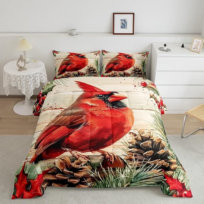 jejeloiu Kids Red Cardinal Comforter Set King Size Christmas Theme Bedding Set for Boys Girls Teens Xmas Birds Winter Rustic Wood Plank Animal Duvet Quilt Room Decor