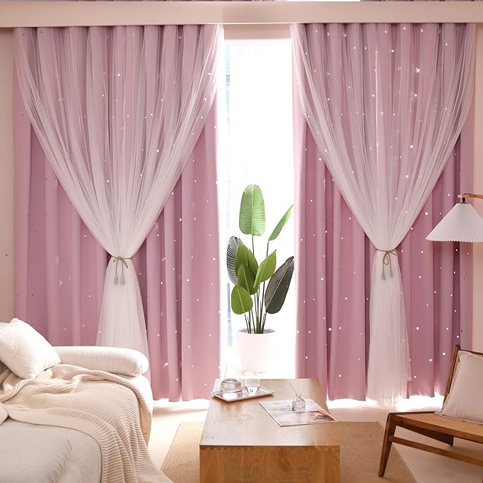 Kinryb Princess Curtains for Girls Bedroom with Sheer Overlay,Double Layer Curtain for Living Room with Star Cutout, Curtains for Kids Room (52 W*84 L Inches,2 Pcs Pink)
