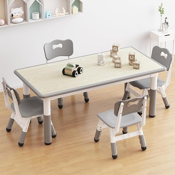Kids Table and 4 Chairs Set, Height Adjustable Toddler Table and Chairs Set for Ages 2-10, Graffiti Desktop, Non-Slip Legs, Arts & Crafts Table, Children Activity Table for Daycare Classroom Home