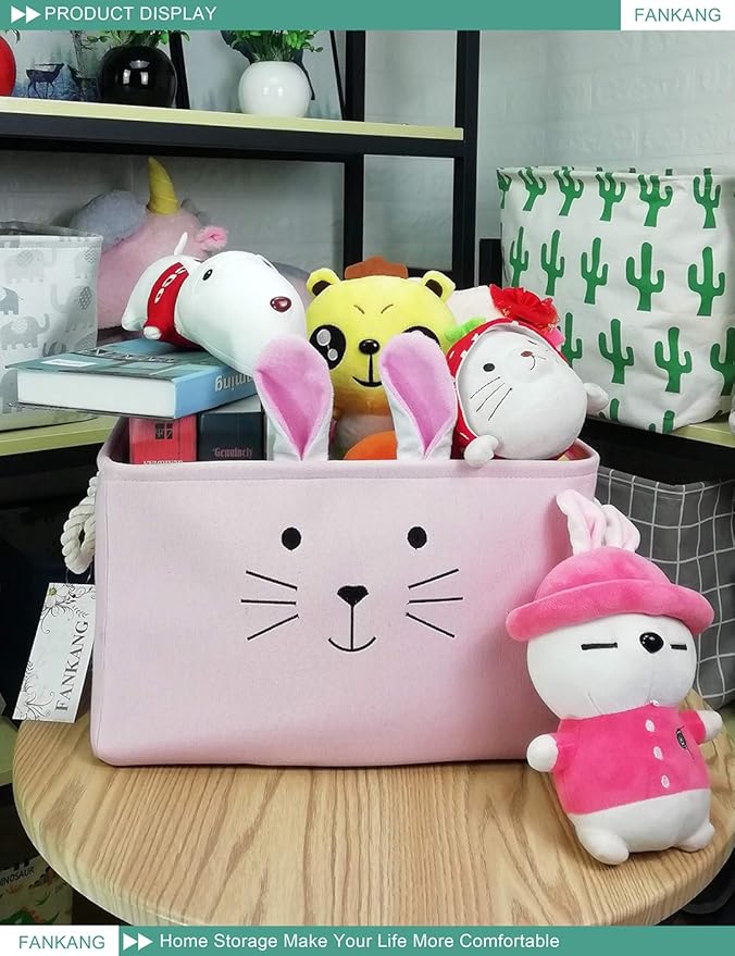 FANKANG Rectangular Fabric Storage Bin Box Laundry Basket with Dinosaur Prints for Nursery Storage, Storage Hamper, Gift Baskets (Pink Rabbit)