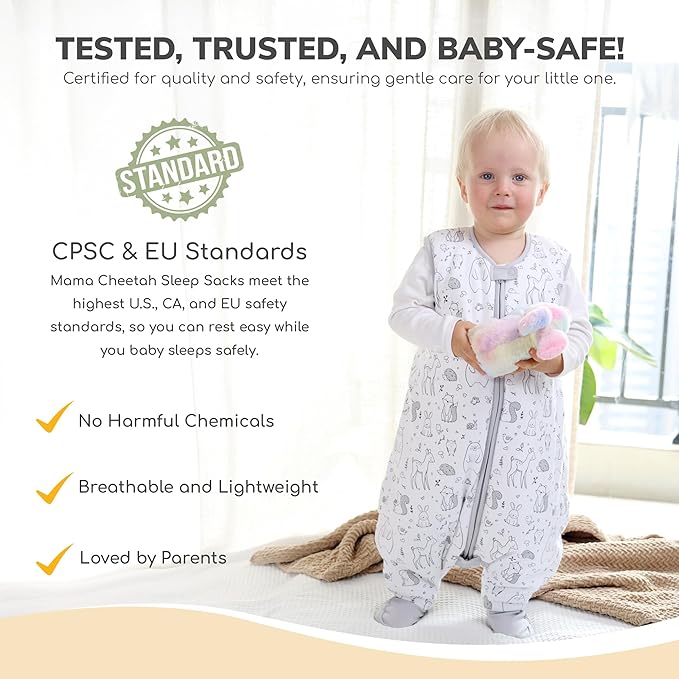 Mama Cheetah Toddler Sleep Sack with Feet, 6-18 Month, 2.5 TOG Organic Cotton Baby Sleeping Bag with Legs, Baby Wearable Blankets for Walkers w/ 2-Way Zipper, Baby Sleep Sack for Girls & Boys, Small
