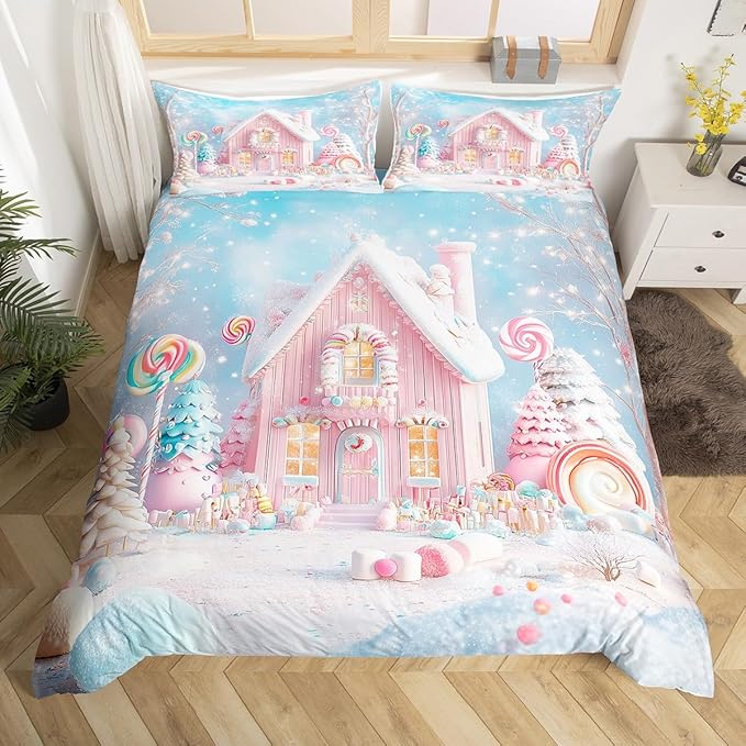 Manfei Christmas Kids Duvet Cover Set Twin Size, Cute Xmas Cabin Trees Bedding Set for Boys Girls Room Decor, New Year Theme Comforter Cover, Lightweight Bedspread Cover, 1 Pillowcase, No Comforter