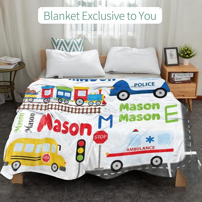 Personalized Blanket with Name for Boys, Custom Name Blanket City Car Transport, Soft Flannel Teen Blankets Customized Gift for Birthday Christmas-50x60in