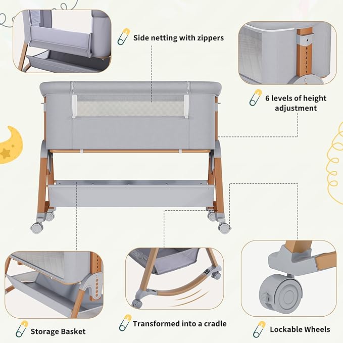 3 in 1 Baby Bassinet, 6 Height Adjustable Bedside Bassinet for Baby, Bassinet Bedside Sleeper with Comfy Mattress and Lockable Wheels, Rocking Crib for Newborn, Wood and Grey