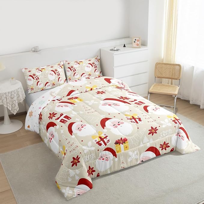 jejeloiu Santa Claus Comforter Set Queen Size Merry Christmas Bedding Set for Kids Boys Girls Xmas Themed Duvet Quilt Beige Bedroom Decor
