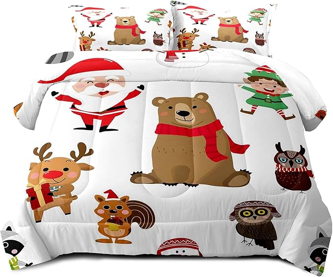 LUVIVIHOME 3PCS Merry Christmas Comforter Set King Size, Boys Girls Kids Bedding, White Quilt, Funny Cute Cartoon Santa Claus Elf Owl Elk Reindeer Squirrel Xmas Christmas Bedroom Decor, 2 Pillow Shams