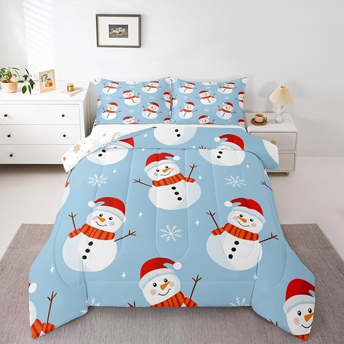 Feelyou Merry Christmas Bedding Set Soft for Boys Girls, Snowman Comforter Set Toddler Size Snowflake Duvet Quilt Microfiber Bedroom Decor 2 Pcs with 1 Pillow Cases