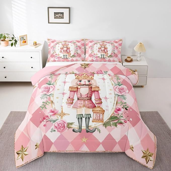 Feelyou Christmas Comforter Set Toddler Size Pink Nutcrackers Bedding Set for Kids Boys Girls Floral Duvet Quilt Funny Nutcracker Bedroom Decor Rose Microfiber 2 Pcs with 1 Pillow Cases