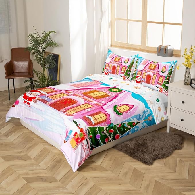 Feelyou Merry Christmas Pink Comforter Cover Set Cartton Cute Santa Claus Bedding Set King Size for Kids Boys Girls Bedroom Bed Decor Xmas Duvet Cover Set Soft Quilt Cover,No Comforter
