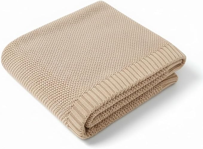Baby Knit Blanket Soft Cotton Lightweight Newborn Blanket for Crib Stroller Toddler Nursery Shower Gift Cozy Breathable Travel Swaddle Wrap Beige 36 x 28 Inches