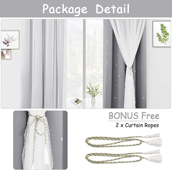 Kinryb Sheer Overlay Curtains for Girls Bedroom, 84 Inches Double Layer Panles with Star Cutout for Kids Room (52 W x 84 L Inches,2 Pcs Silver Grey)