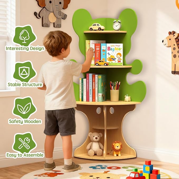 Bookshelf for Kids, Children Bear-Bookshelf, Space-Saving Montessori Toddler Corner Bookcase for Nursery, Classroom, Kindergarten, Kids Rooms