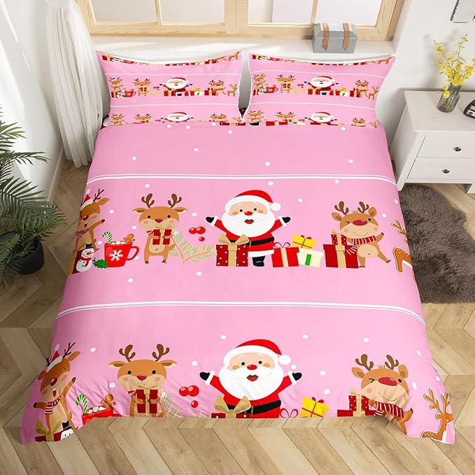 Christmas Bedding Duvet Cover Set Kids Cartoon Santa Claus Bedding Set Boys Girls Deer New Year Decor Comforter Cover Set Microfiber Gift Boxes Xmas Theme Bedspread Cover Bedroom Bedclothes Twin Size