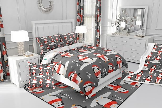 Feelyou Christmas Comforter Set All Season Penguin Bedding Set with 2 Pillow Cases Snowflake Microfiber Kids King Bedclothes Pine Tree Bedroom Decor Duvet Quilt Breathable Soft Lightweight