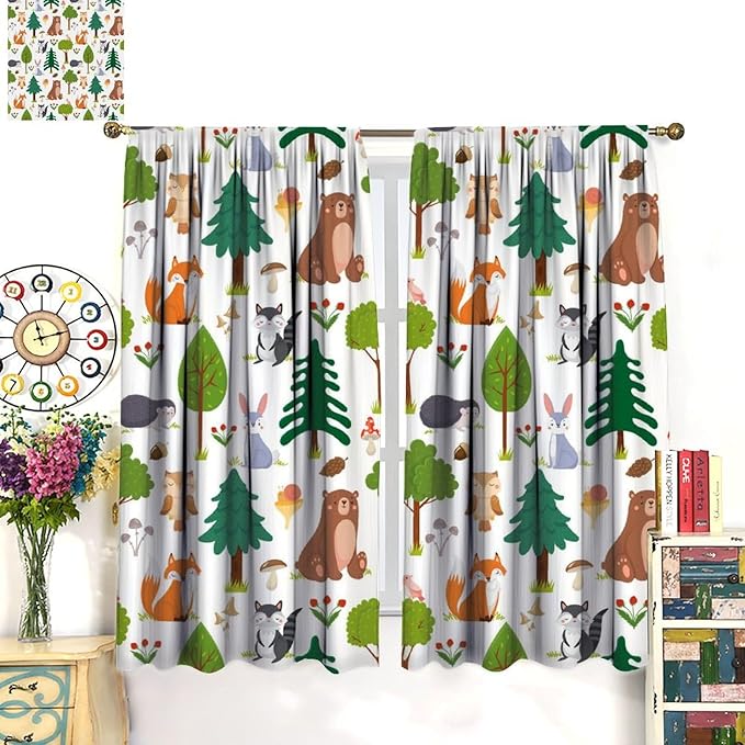 Jungle Animal Curtains, Woodland Animals Forest Pattern Blackout Window Treatments, Rod Pocket Thermal Insulated Drapes 2 Panel Sets for Kids Room Nursery Classroom, 72" W X 63" L